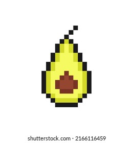 Pixel Hälfte des reifen Avocado. Grünes Gemüse mit braunem Samen und Schwanz. Organisches Element gesunder veganischer Lebensmittel und 8-Bit-Vektorspiel