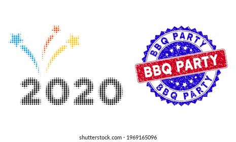 Pixel halftone 2020 fireworks icon, and BBQ Party grunge stamp print. BBQ Party stamp seal uses bicolor rosette shape, red and blue colors.