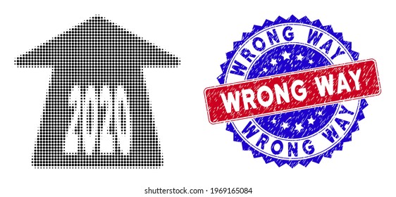 Pixel halftone 2020 forward arrow icon, and Wrong Way rough stamp. Wrong Way stamp uses bicolor rosette template, red and blue colors.