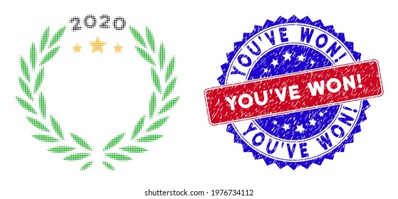 Pixel halftone 2020 laurel wreath icon, and You'Ve Won Exclamation. unclean seal. You'Ve Won Exclamation. seal uses bicolor rosette shape, red and blue colors.