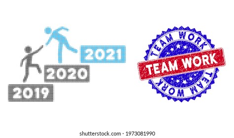 Pixel halftone 2021 buisiness training stairs icon, and Team Work rubber seal. Team Work watermark uses bicolor rosette template, red and blue colors.