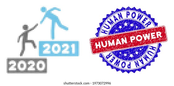Pixel halftone 2021 business steps icon, and Human Power textured stamp seal. Human Power imprint uses bicolor rosette form, red and blue colors.