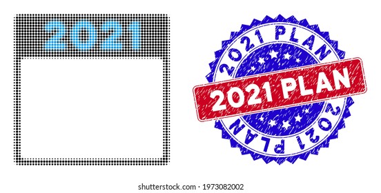 Pixel halftone 2021 calendar page icon, and 2021 Plan scratched stamp imitation. 2021 Plan stamp seal uses bicolor rosette form, red and blue colors.