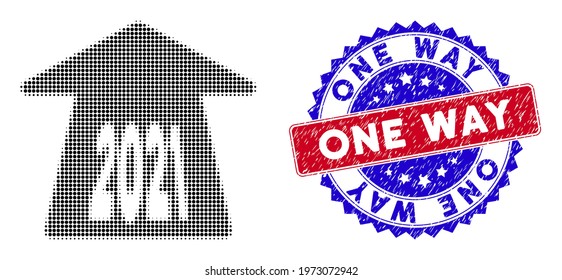 Pixel halftone 2021 forward arrow icon, and One Way rubber stamp imitation. One Way stamp seal uses bicolor rosette shape, red and blue colors.