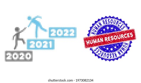 Pixel halftone 2022 buisiness training stairs icon, and Human Resources rubber seal. Human Resources seal uses bicolor rosette template, red and blue colors.