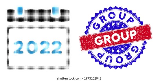 Pixel halftone 2022 calendar icon, and Group grunge stamp seal. Group seal uses bicolor rosette shape, red and blue colors. Vector concept of 2022 calendar illustration composed of circle elements.