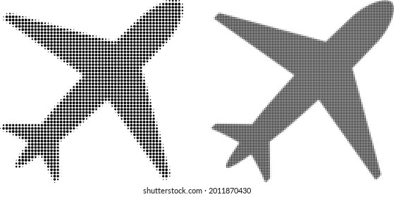 Pixel halftone airplane icon. Vector halftone pattern of airplane icon created of circle items.