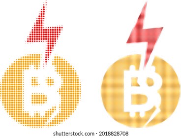 Icono de choque de bitcoin de medio tono de píxeles. Collage de semitono vectorial del icono de choque de bitcoin diseñado de elementos de círculo.