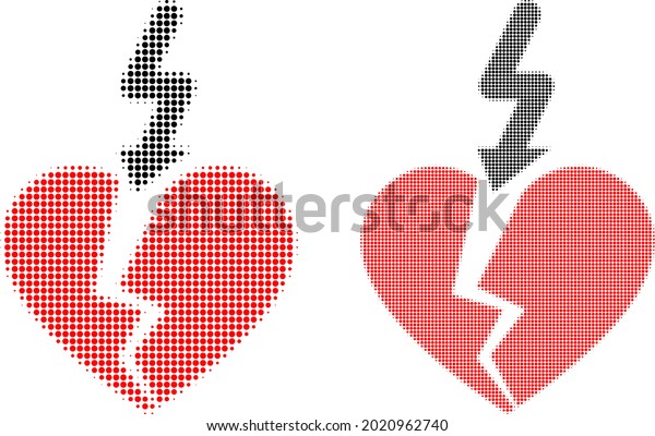 Pixel\
halftone break love heart icon. Vector halftone pattern of break\
love heart icon organized of round\
elements.