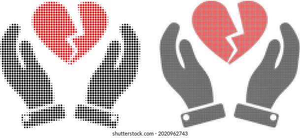 Pixel halftone broken heart care hands icon. Vector halftone pattern of broken heart care hands symbol organized of spheric elements.