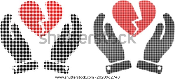 Pixel halftone broken heart care hands icon.\
Vector halftone pattern of broken heart care hands symbol organized\
of spheric elements.