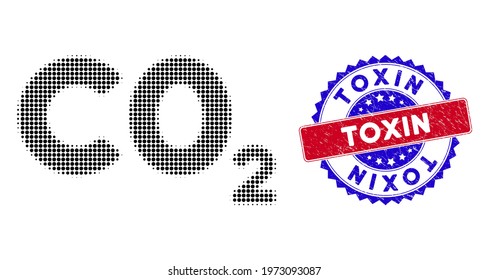 Pixel halftone CO2 formula icon, and Toxin grunge stamp seal. Toxin stamp seal uses bicolor rosette form, red and blue colors. Vector collage of CO2 formula symbol shaped from circle cells.