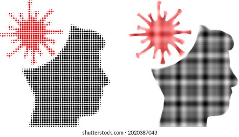 Pixel halftone coronavirus mad man icon. Vector halftone concept of coronavirus mad man icon formed of round dots.
