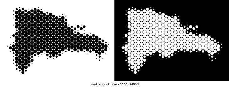 Mapa de Pixel mitad de tono República Dominicana. Plano geográfico vectorial sobre fondo blanco y negro. Composición abstracta del mapa de República Dominicana combinada con píxeles redondos.