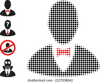 Pixel halftone elegant boss icon, and additional icons. Vector halftone mosaic of elegant boss icon made from circle dots.