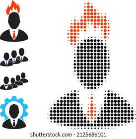Pixel halftone fired boss icon, and bonus icons. Vector halftone collage of fired boss icon created of round points.