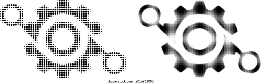 Icono de proyecto de engranajes de medio tono de píxeles. Composición de semitono vectorial del icono del proyecto de engranaje hecho de píxeles de círculo.