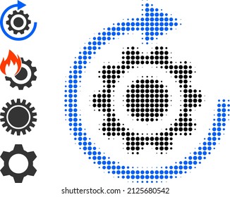 Icono de rotación del pixel de media tonalidad y otros iconos. Collaje de semitono vectorial del icono de rotación de engranajes hecho de elementos redondos.