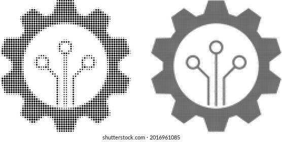 Pixel halftone gear sensor icon. Vector halftone mosaic of gear sensor icon designed of round dots.