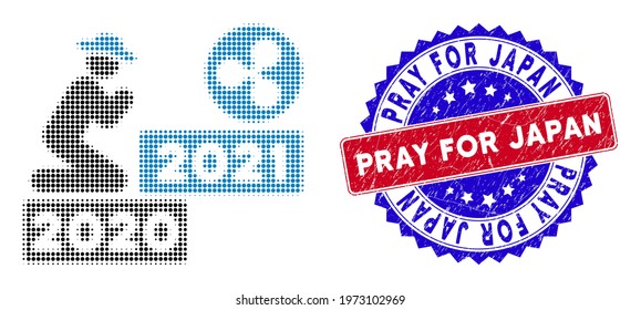 Pixel halftone gentleman pray ripple 2021 icon, and Pray for Japan rough stamp seal. Pray for Japan stamp seal uses bicolor rosette form, red and blue colors.