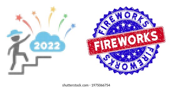 Pixel halftone gentleman steps to 2022 fireworks icon, and Fireworks stamp. Fireworks stamp seal uses bicolor rosette shape, red and blue colors.