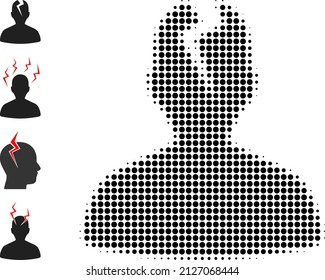 Pixel halftone head crash icon, and bonus icons. Vector halftone mosaic of head crash icon composed of circle elements.
