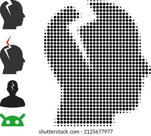 Pixel halftone head migrain ache icon, and source icons. Vector halftone composition of head migrain ache icon designed of spheric pixels.