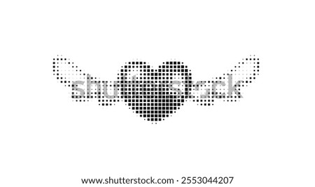 Pixel halftone heart with wings. Design element of trendy Y2K style with raster pixelation effect. Retro futuristic clipart figur for collage or retro design, 8 bit. Vector illustration
