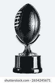 Pixel halftone illustration of an American football trophy. Vintage magazine cutout style. Perfect for sports posters, championship designs, fan merch, retro apparel, team branding, graphics.
