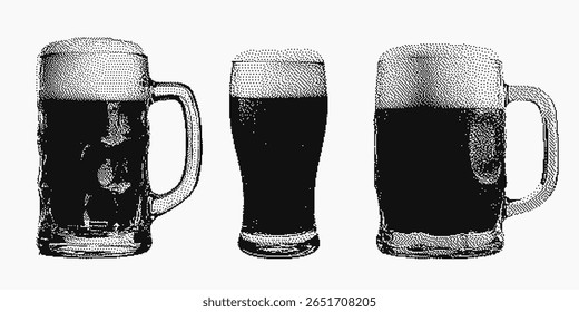 Pixel halftone illustration of beer mugs and pint glass with foam. Vintage magazine cutout style. Perfect for Oktoberfest designs, pub menus, posters, bar branding, and craft beer promotions.