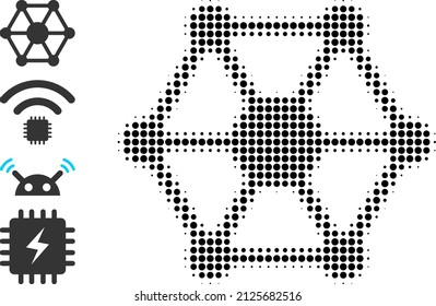 Pixel halftone IoT icon, and source icons. Vector halftone composition of IoT icon combined of spheric elements.
