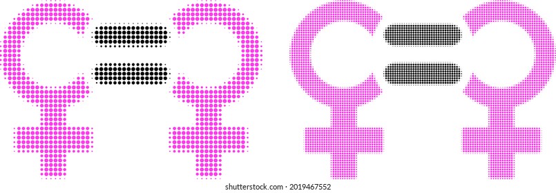 Pixel halftone lesbian relation symbol icon. Vector halftone concept of lesbian relation symbol pictogram formed of spheric points.
