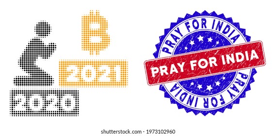 Pixel halftone man pray bitcoin 2021 icon, and Pray for India stamp. Pray for India stamp uses bicolor rosette shape, red and blue colors.