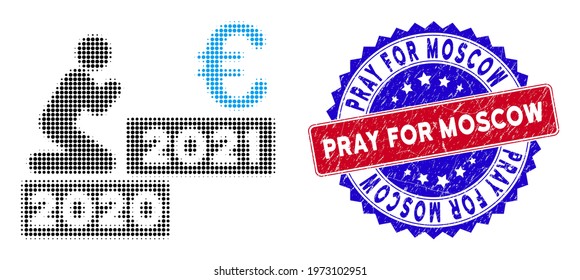 Pixel halftone man pray euro 2021 icon, and Pray for Moscow rubber seal. Pray for Moscow seal uses bicolor rosette template, red and blue colors.