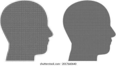 Pixel halftone man profile icon. Vector halftone mosaic of man profile icon combined of circle elements.
