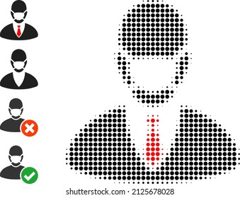 Pixel halftone manager mask icon, and original icons. Vector halftone collage of manager mask icon done of spheric dots.