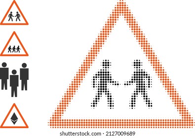 Icono de advertencia de encuentro de los hombres de medio tono de píxeles e iconos de origen. Concepto vectorial de medio tono del icono de advertencia de encuentro masculino construido a partir de píxeles redondos.
