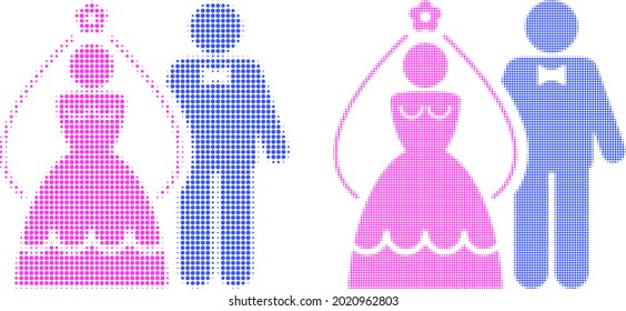 Pixel Halftone Newlyweds Icon. Vector Halftone Mosaic Of Newlyweds Icon Organized Of Circle Dots.