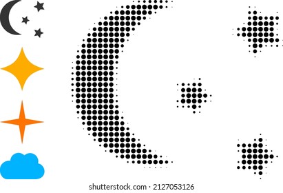 Pixel halftone night moon sky icon, and other icons. Vector halftone pattern of night moon sky pictogram designed of spheric elements.