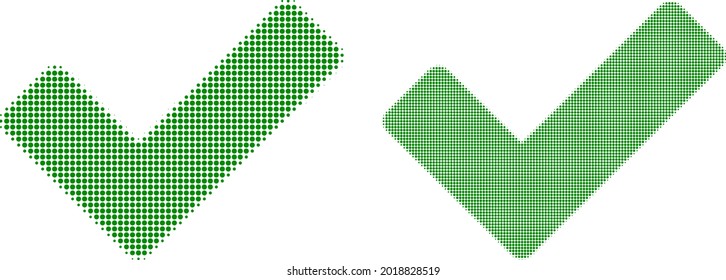 Pixel halftone OK sign icon. Vector halftone collage of OK sign symbol done of spheric pixels.