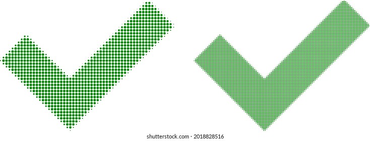Pixel halftone Okay icon. Vector halftone concept of Okay icon constructed of spheric dots.