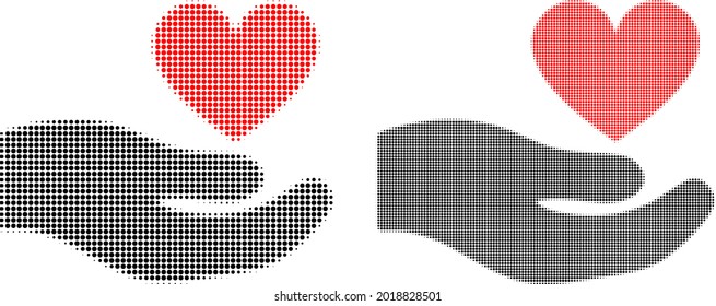 Pixel halftone palm offer love heart icon. Vector halftone concept of palm offer love heart icon constructed from round elements.