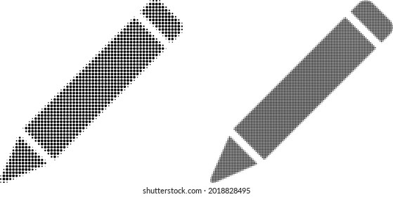 Pixel halftone pencil icon. Vector halftone pattern of pencil icon composed of round dots.