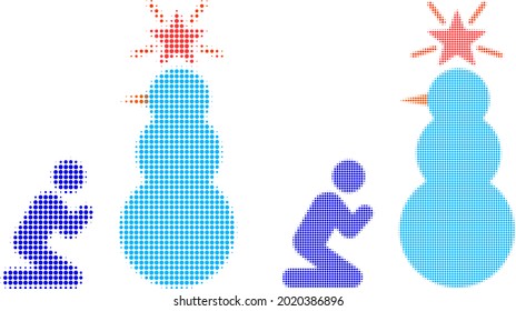Medio tono de Pixel reza al sagrado ícono de muñeco de nieve. Concepto vectorial de medio tono de rezar al sagrado ícono de muñeco de nieve combinado de objetos redondos.