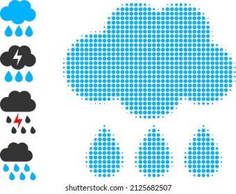 Pixel halftone rain cloud icon, and additional icons. Vector halftone mosaic of rain cloud icon organized of round points.