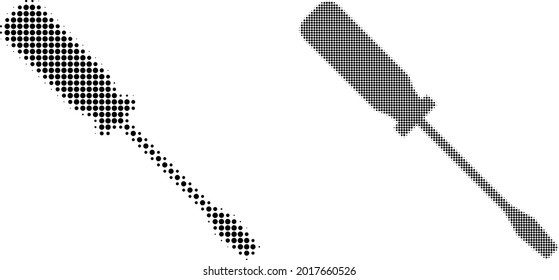 Pixel halftone screwdriver icon. Vector halftone composition of screwdriver icon made of spheric dots.