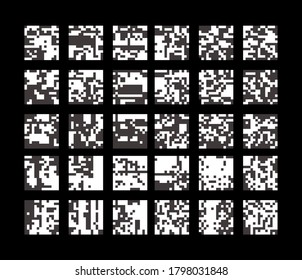 Pixel halftone seamless pattern. Set futuristic 1-bit hi-tech elements.