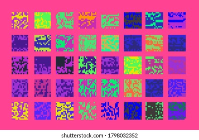 Patrón sin fisuras de medio tono de píxeles. Conjunto de elementos futuristas de alta tecnología para computadoras de 8 bits.