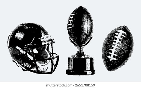 Pixel halftone set of American football gear. Vintage magazine cutout style. Helmet, ball, trophy. Perfect for sports posters, retro designs, merchandise, fan art, and championship graphics.