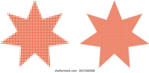 Pixel halftone seven pointed star icon. Vector halftone mosaic of seven pointed star icon organized of circle items.